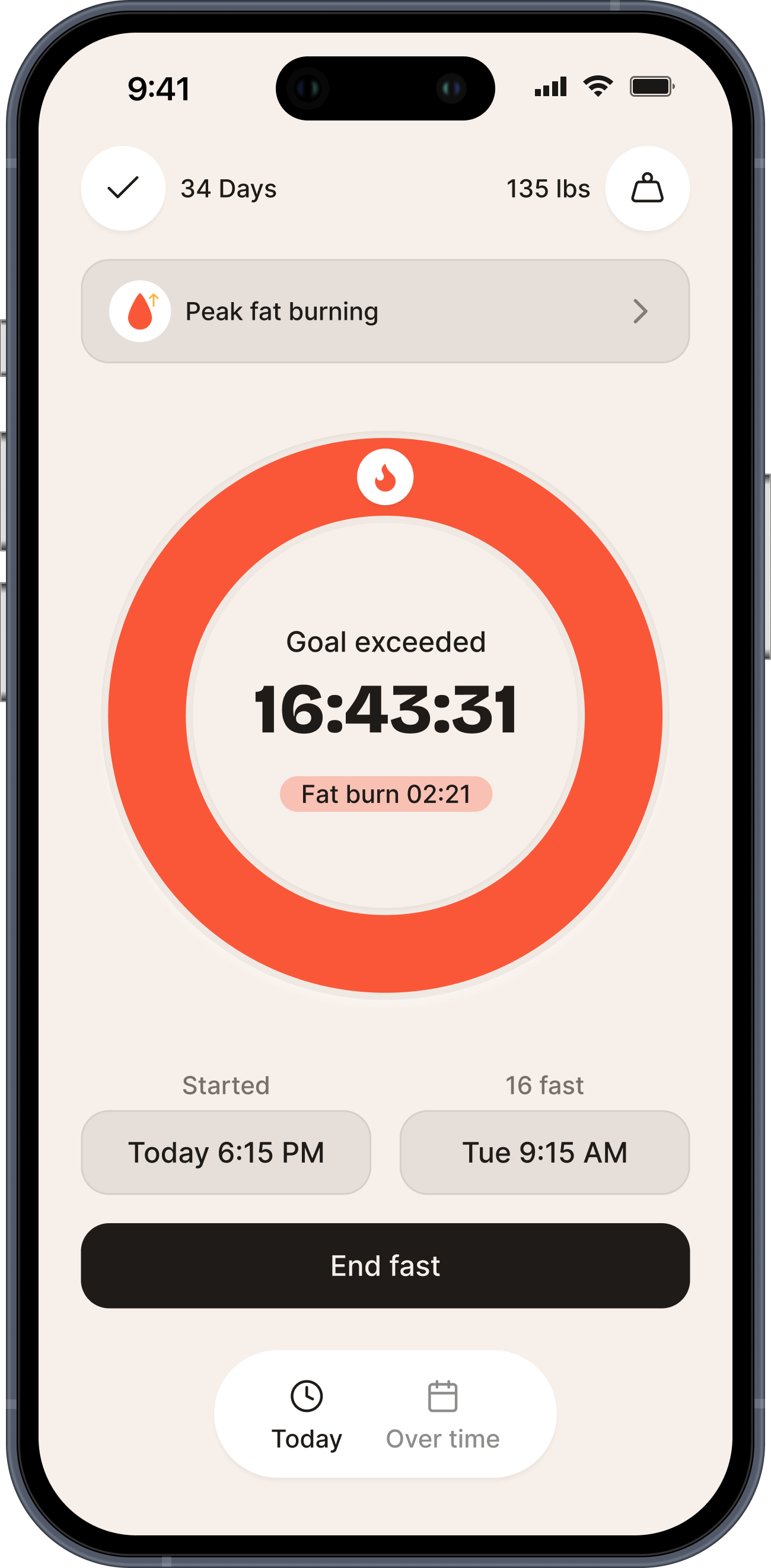 FastMode app — ring timer showing fasting phase